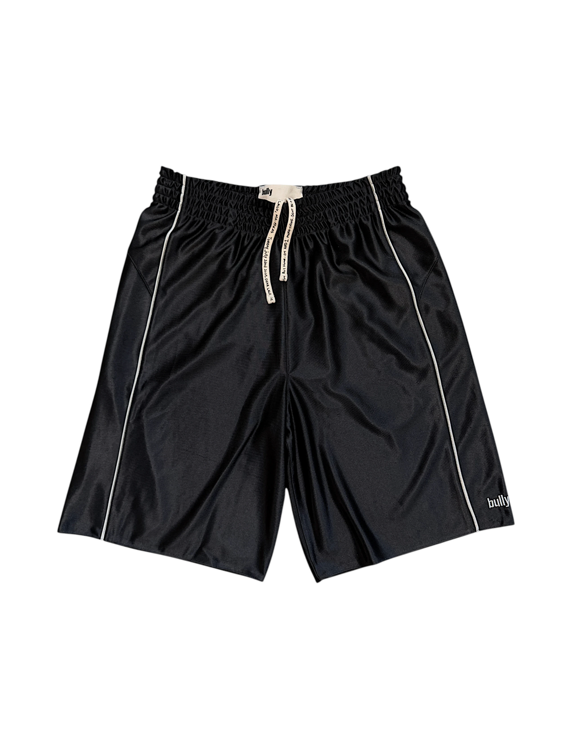 BULLY LA black reversible shorts in raschel knit polyester with silver piping, side pockets, and logo embroidery.