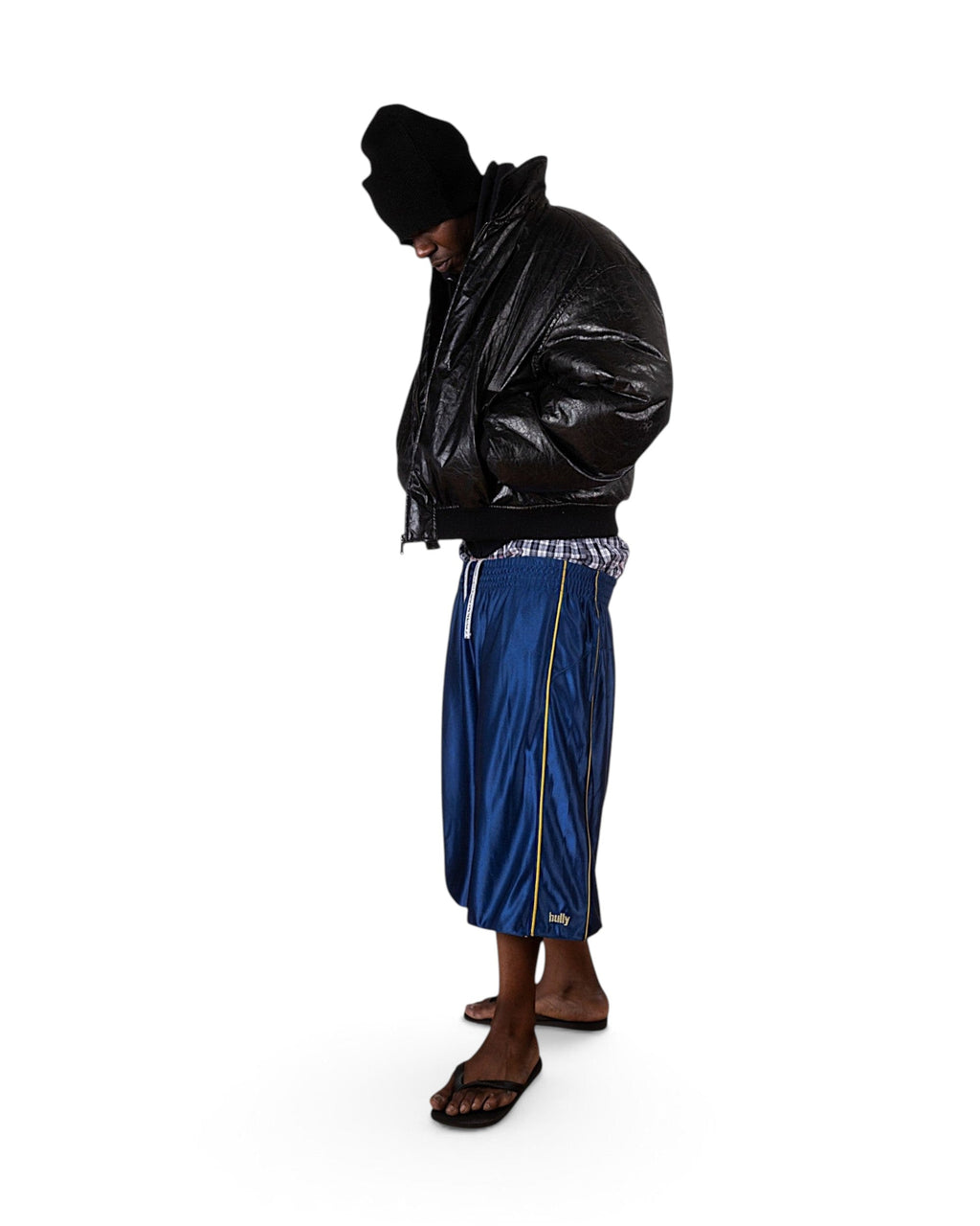 BULLY LA navy raschel knit shorts with yellow piping and embroidery worn by a male model in a studio setting