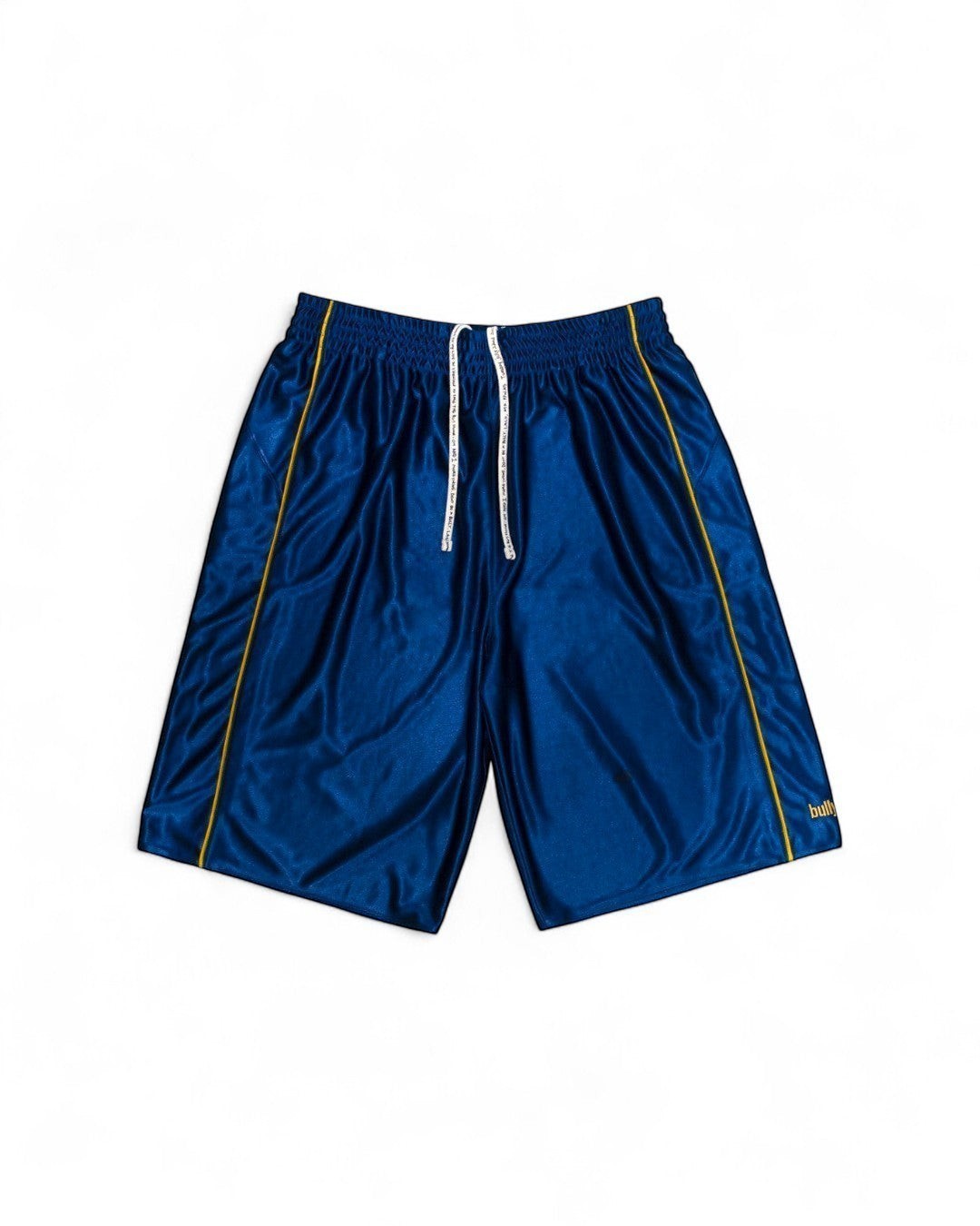 BULLY LA navy raschel knit polyester shorts featuring yellow contrast piping, side pockets, and yellow embroidery.