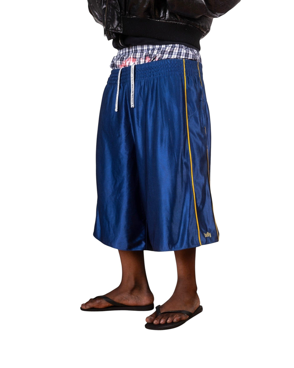 BULLY LA navy raschel knit polyester shorts with yellow contrast piping, side pockets, and yellow BULLY embroidery.
