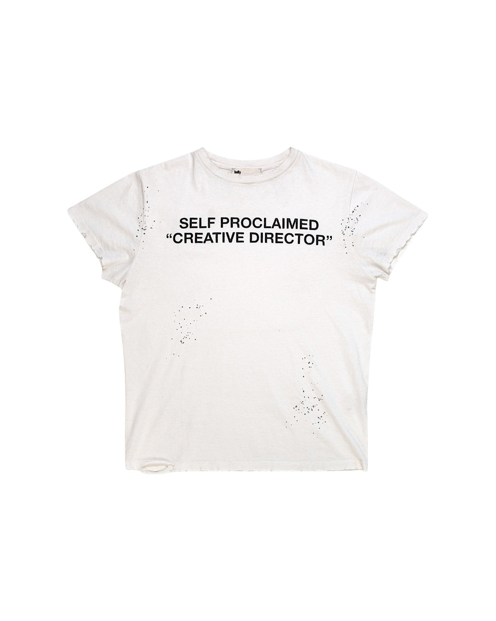 BULLY LA off-white cotton CD tee with black Creative Director text, hand-painted splatter, and distressed hem details.