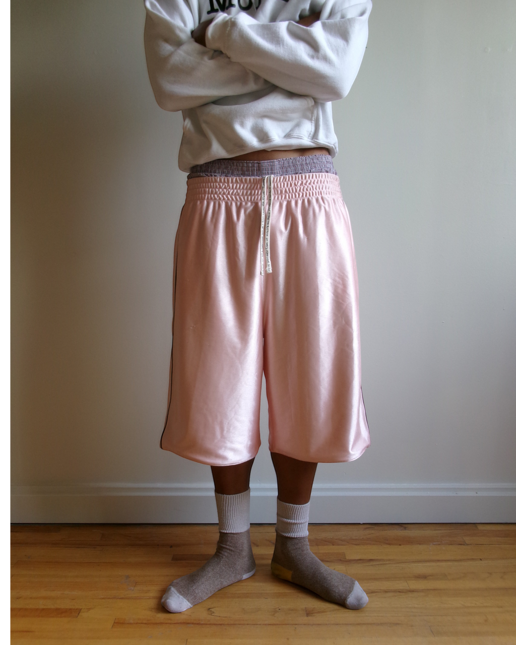 BULLY LA pink raschel knit polyester shorts with chocolate brown piping and screen printed poem drawcords