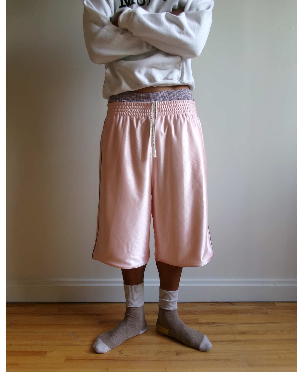 BULLY LA pink raschel knit polyester shorts with chocolate brown piping and screen printed poem drawcords