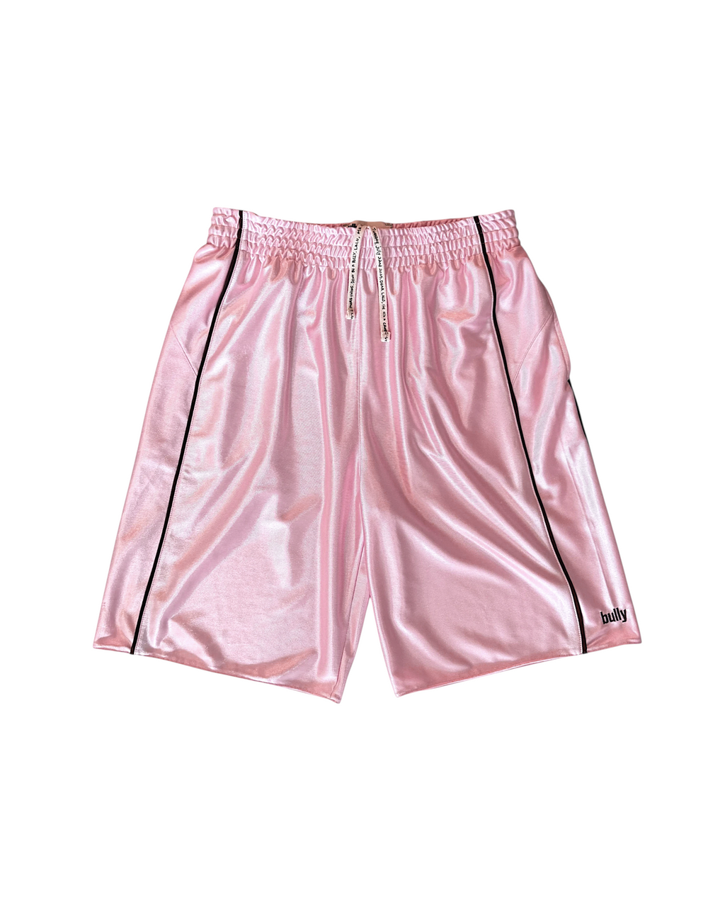 BULLY LA pink raschel knit polyester shorts with chocolate brown piping, side pockets, and embroidered logo.