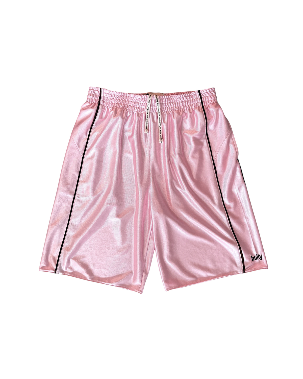 BULLY LA pink raschel knit polyester shorts with chocolate brown piping, side pockets, and embroidered logo.