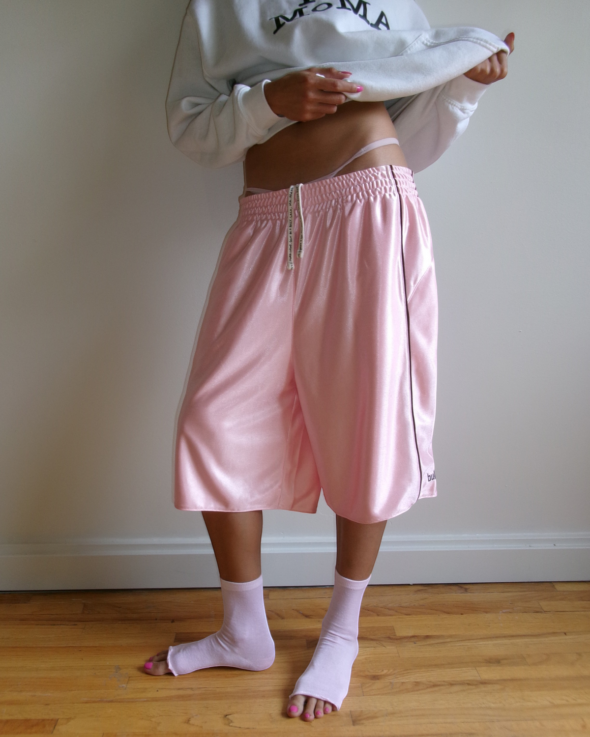 BULLY LA reversible pink raschel knit polyester shorts with chocolate brown piping and logo embroidery
